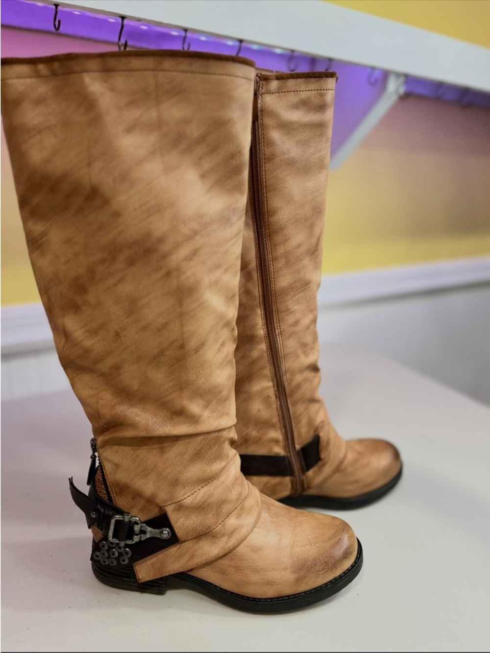 Classic Tan Over-the-Knee Riding Boots with Buckle Detail